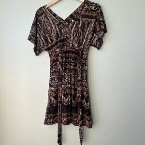 Multicolor Print Dress Short Sleeve V-Neck Waist‎ Tie Polyester Spandex S